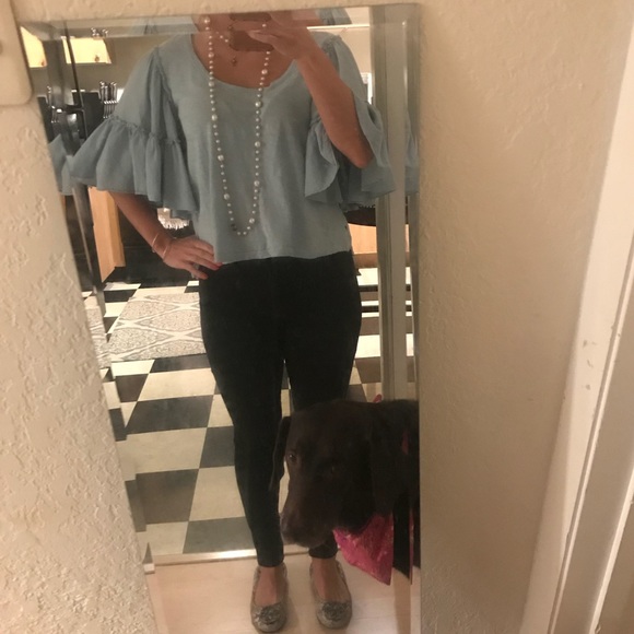 Anthropologie Dusty Blue Ruffle Sleeve T-Shirt - Picture 2 of 5